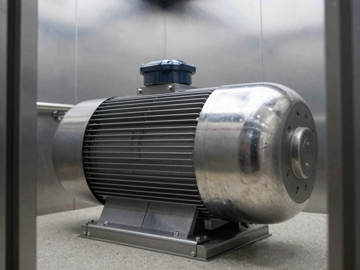Close-up of a modern gearless elevator motor, clean steel reflect