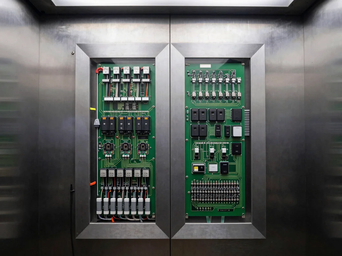 Detailed view of an elevator control panel with circuit boards an