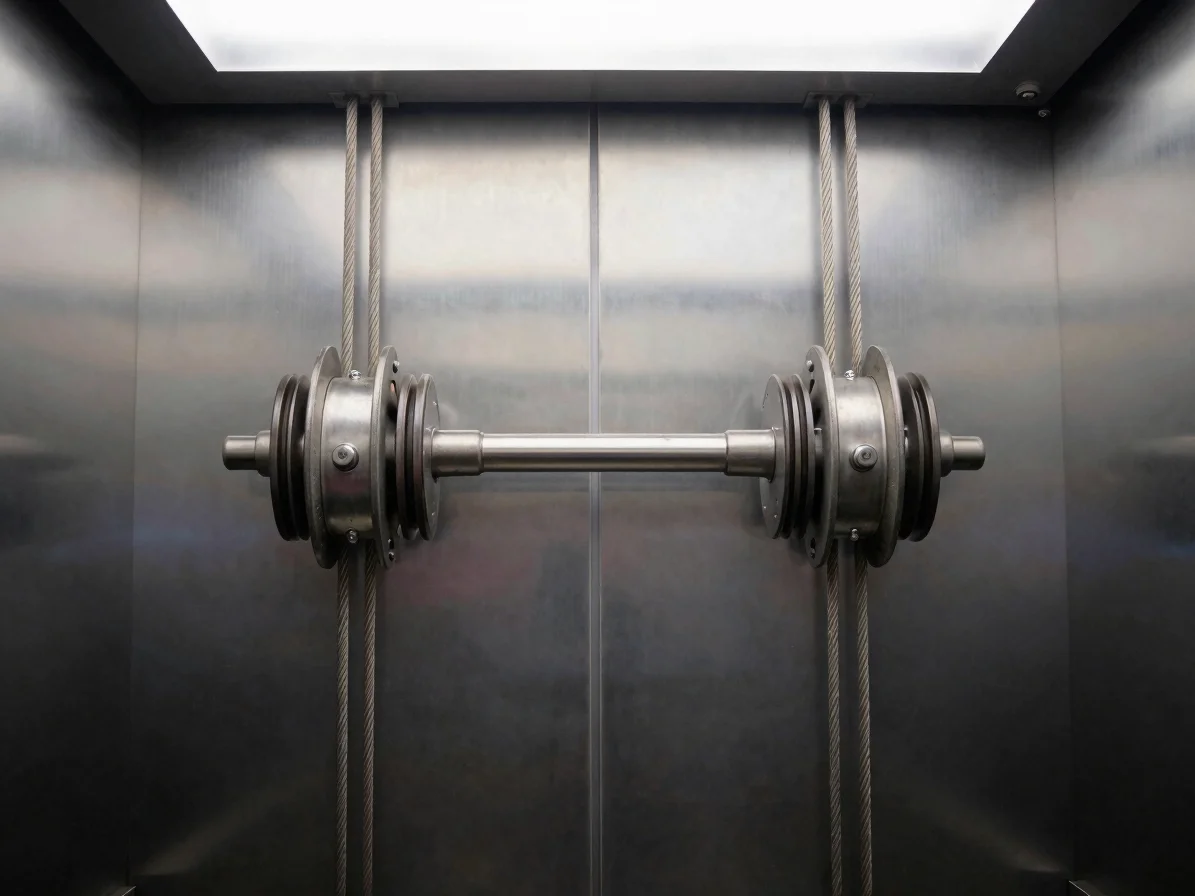 Close-up of elevator steel ropes and pulleys in a machine room, c