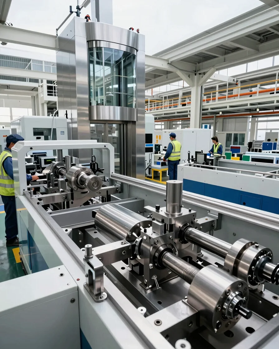 Wide panoramic shot of a modern elevator manufacturing facility,