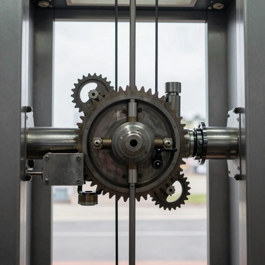 Close-up of a precision-engineered elevator mechanism, gears and cables visible, sharp engineering details, high contras