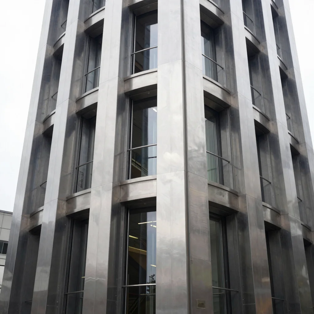 Wide shot of a completed elevator shaft in a contemporary building, clean steel reflection, architectural lines, crisp i