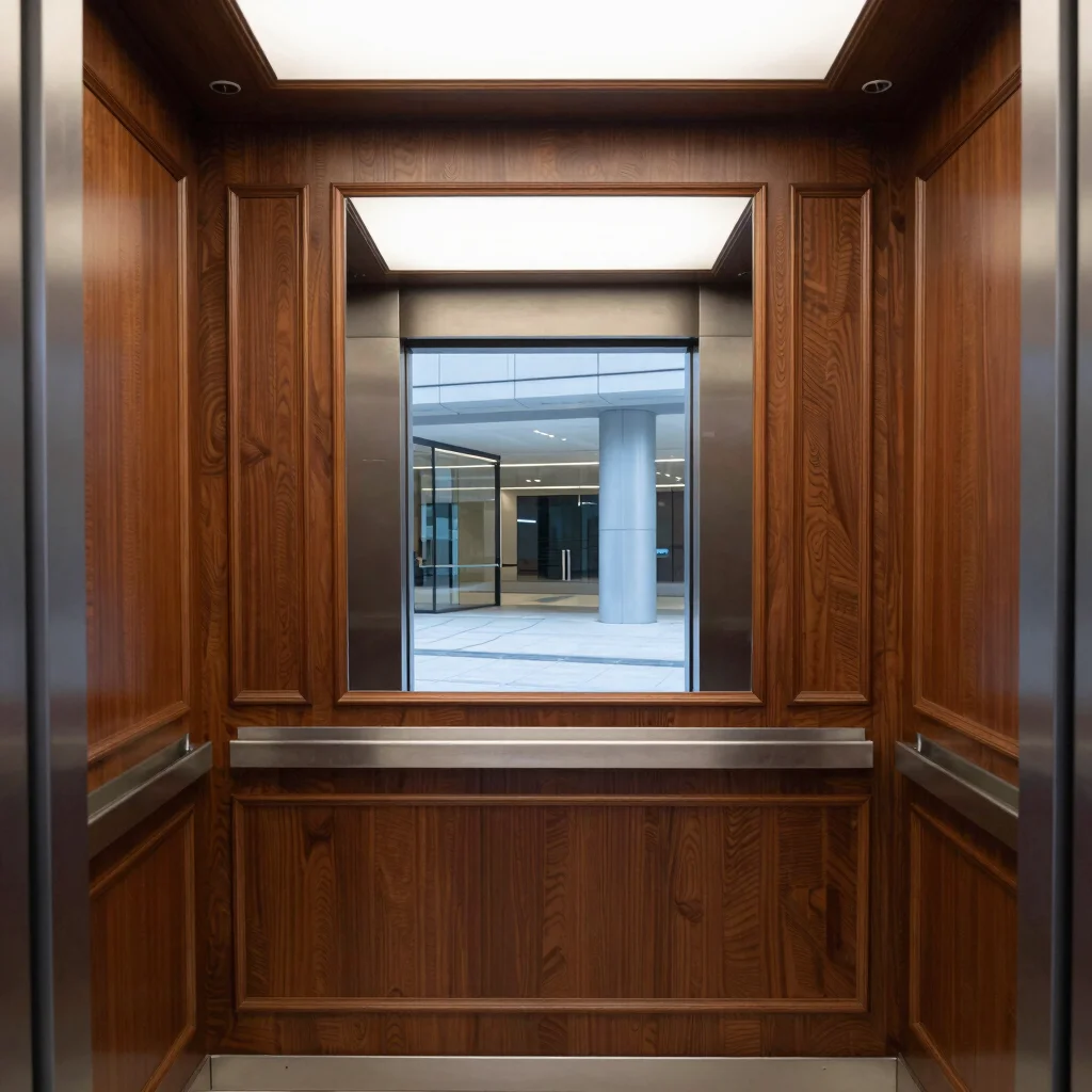 Luxurious elevator cabin interior with custom wood paneling and elegant mirror, reflecting a modern lobby, crisp industr