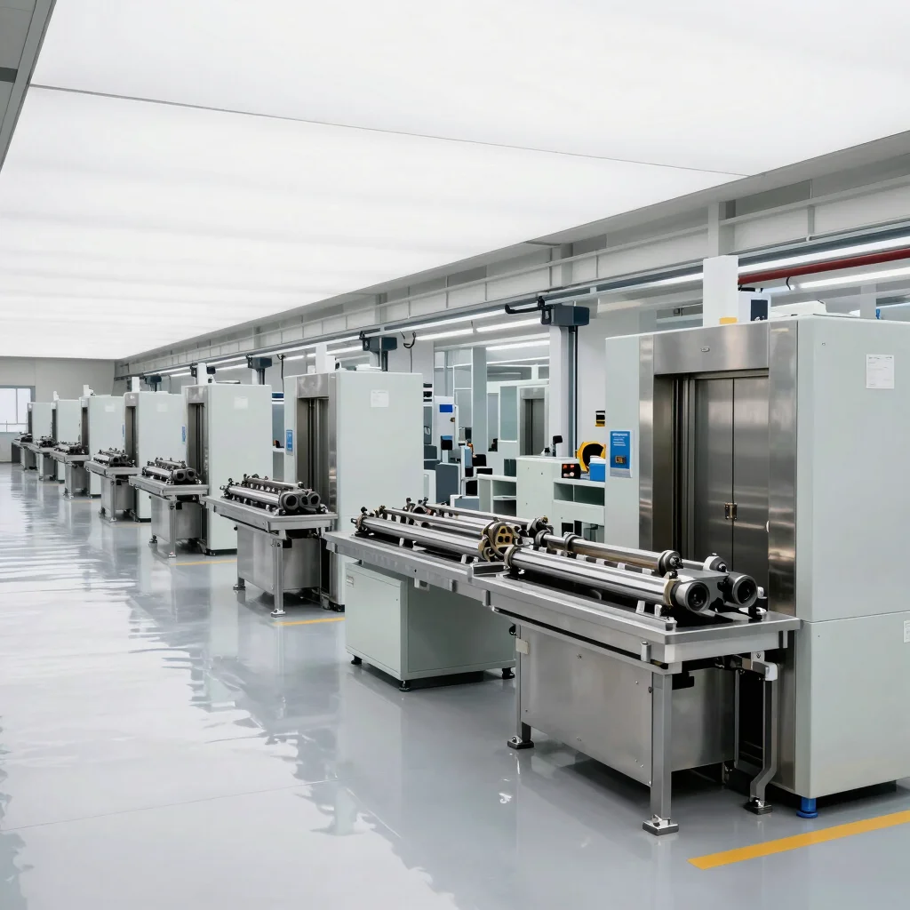 Panoramic view of a factory floor with elevator components being assembled, modern machinery, clean industrial setting,