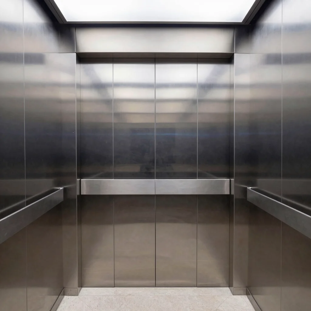 Interior of a modern elevator cabin with brushed steel panels and subtle LED lighting, reflecting the architectural spac